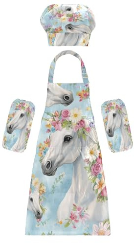 Kinder-Kochmütze, Schürze, funktionelle Blumen, Pferde, Kinderschürze mit Taschen, für Kinder, Kunst, Handwerk, 3–12 Jahre alt, Blumen, Pferde, M