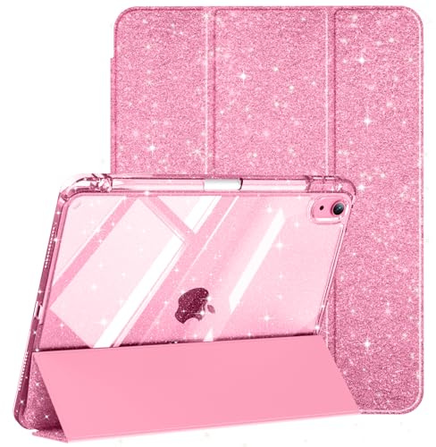 Lsmmpoba Case for iPad (A16) 11th Generation 11 Inch 2025, iPad 10th Generation 10.9 Inch 2022 with Pencil Holder, Hybrid Clear Back Shell Sparkly Cover, Auto Wake/Sleep, Pink
