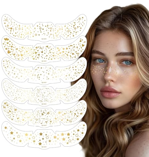 SANJSJHXJ 6 Patterns Glitter Freckles Tattoo Stickers, Waterproof Gold Foil Freckle Makeup for Festival Outfit Damen, Sommersprossen Henna, Glitzer Sommersprossen, Holiday Party Essentials