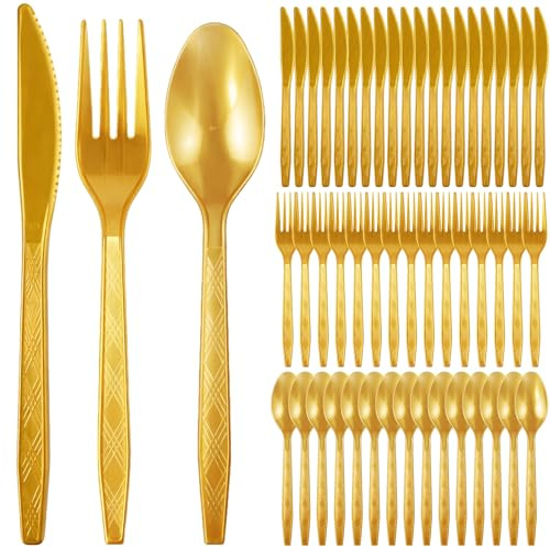 Richunie 150 Pezzi Posate Dorate in Riutilizzabili, Posate Oro Resistenti 50 Forchette, Coltelli, Cucchiaio per Compleanni, Feste, Catering, Matrimoni（Dorato）