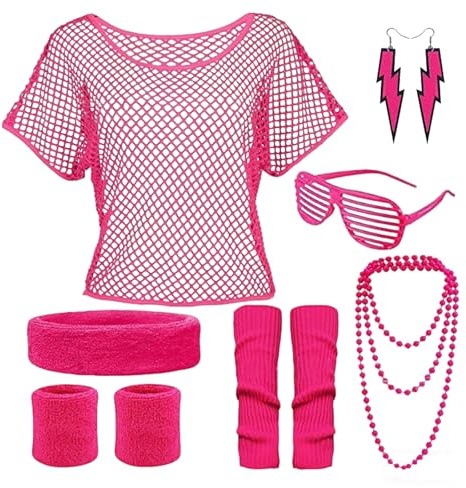 80er 90er Jahre Damen Outfit Set, Netzoberteil Neon Kostüm Karneval Outfit | Grün Neon Netzoberteil Beinwärmer Brille Netzhandschuhe Halskette Ohrring, Schlagerparty Mottoparty Aerobic Cosplay