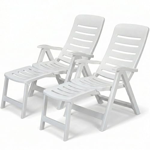 Set 2 sedie Poltrona Sdraio da Giardino in Resina Bianca Trasformabile in Lettino con Poggiapiedi Schienale Regolabile 5 Posizioni Ideale per Esterno Terrazzo Piscina - Made in Italy sca-b quintilla