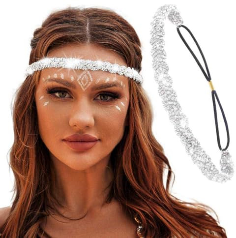 Flayem Kopfkette Silber Glänzendes Elastische Strass Stirnband Damen (Silber, 45.5cm)