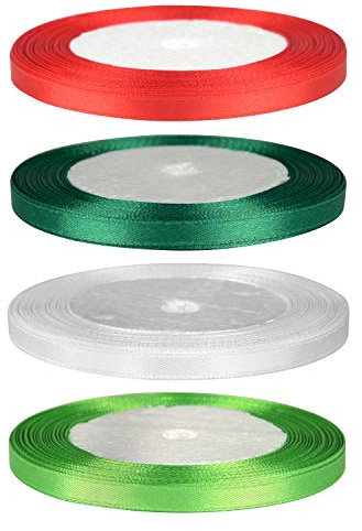 FEPITO 4 Rollen 6mm Satinband Geschenkband Grün Rot Weiß Dekoband Bänder zum Basteln Schleifenband für Weihnachten Dekoration (22 Mt/Rolle x 4 Rollen)