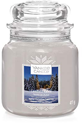 Yankee Candle Duftkerze im Glas (mittelgroß), Candlelit Cabin, Alpine Christmas Collection, Brenndauer bis zu 75 Stunden, Mittelgroße im Glas