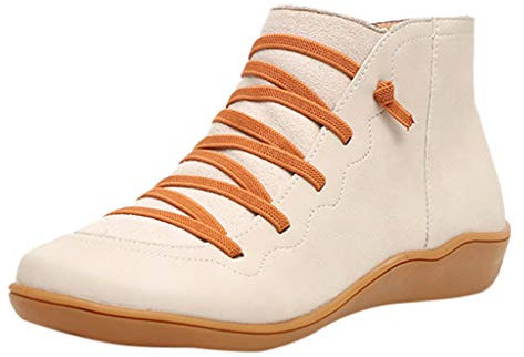 Yowablo Stiefeletten Damen Casual Flache Leder Retro Schnürstiefel Seitlicher Reißverschluss Runde Kappe Einfarbig (40 EU,11- Beige)