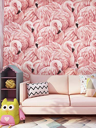 Prior.choice Romantische Tapete mit Flamingo-Federn, geprägt, strukturiert, 10 x 0,53 m, für Schlafzimmer, Wohnzimmer, 5,3 m² (B x L)