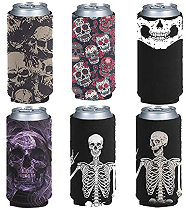 BIGCARJOB Sugar Skull Funny Slim Can Cooler Sleeve Skinny Beer Can Insulated Party Bottle Can Sleeve,Glasses Protective Cover Pack of 6 Halloween Skeleton Design