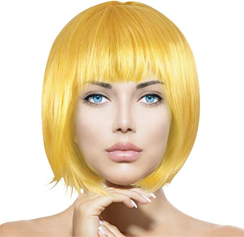 Plitsch Platsch Perücke Bob Pagenkopf Cabaret Wig Kurzhaar Charleston Perücken Fasching Karneval Halloween Motto Party - 24 Farben Varianten für Erwachsene, One Size (gelb)