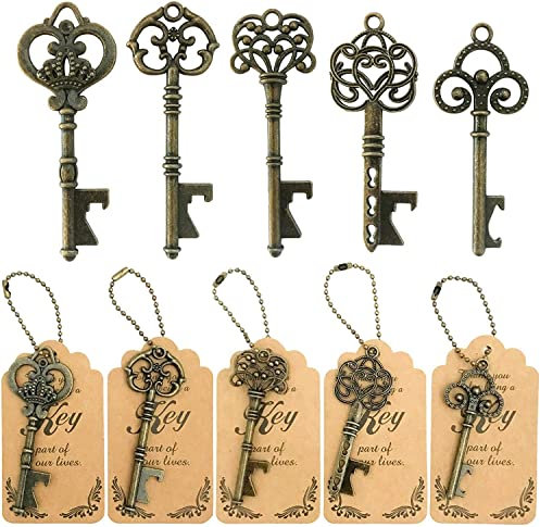 WODEGIFT 50pcs Bottle Opener, Vintage Skeleton Key Bottle Openers with Escort Tag Cards and Key Chains, Wedding Favors (Bronze, 5 Styles)
