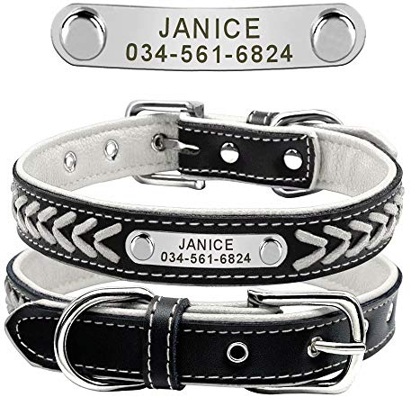Didog Hundehalsband aus geflochtenem Leder, mit Gravur und personalisiertem Namensschild für kleine, mittelgroße und große Hunde, Weiß, Größe L