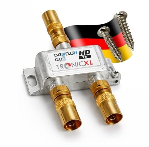 TronicXL 2-Fach F-Stecker Koax Antennenverteiler + Adapter I HD 3D 4K Verteiler Weiche Splitter I Radio DVBT DVBT2 DVBC SAT Unicable Kabelfernsehen I für Unitymedia Vodafone Kabelfernseh Digital HDTV