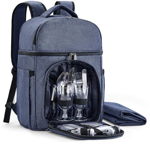Vogano Picknickrucksack & Zubehör - Isoliertes Picknick-Set für 2 Personen mit zwei Fächern, leichte Decke, Besteckset, für Brautpaare und Geschenke Blau