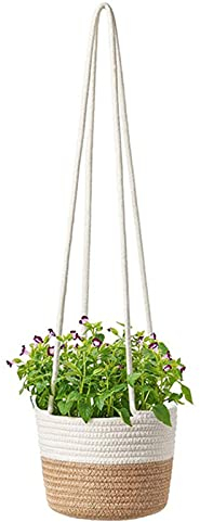 Pflanzkorb Aus Baumwollseil Zimmerpflanzen Blumentöpfen Hängende Blumentöpfe Innen Und Außen Pflanzentöpfe Pflanze Aufbewahrungskorb Robuster Gewebter Korb Blumenkorb Lagerung Stroh 14cm (Weiss-braun)