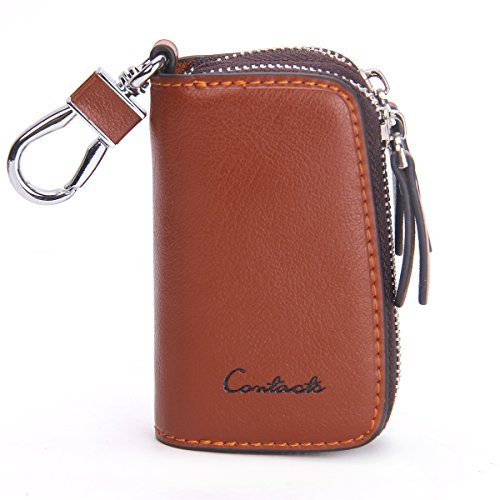 Contacts Portachiavi in pelle, unisex, grande, con 2 zip, in pelle, a portafoglio, per chiavi dell'auto, Marrone, Taglia unica