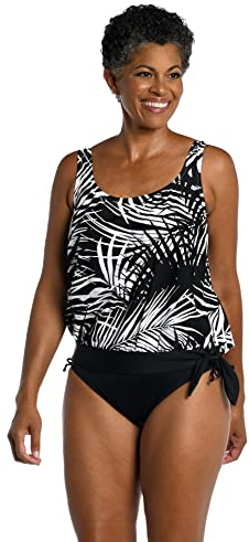 Maxine of Hollywood Damen Badeanzug mit seitlicher Bindung, U-Ausschnitt, gebändert Tankini-Oberteil, Schwarz/Shadow Palms, 16