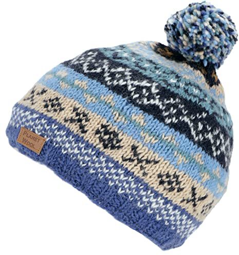 GURU SHOP Bommelmütze aus Nepal, Mütze aus Schurwolle, Wintermütze, Herren/Damen, Blau, Size:One Size
