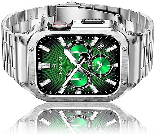 HASLFM Stainless Steel Straps with Case Compatible with Apple Watch 45mm Series 9 8 7, Rugged Metal Straps and Protective Bumper Cover for iWatch Series 9 8 7 Men, Silver