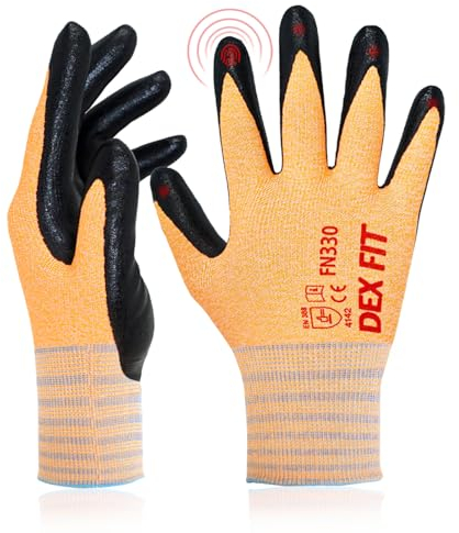 DEX FIT Nitrile Work Gloves FN330, 3D-Comfort Stretchy Fit, Firm Grip, Thin & Lightweight, Touch-Screen Compatible, Durable, Breathable & Cool, Machine Washable; Orange 9 (L) 1 Pair
