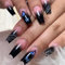 RUNRAYAY schwarze Nägel auf lange Sarg Falsche Nägel mit blauem Schmetterling Flash-Design glänzend acrytische