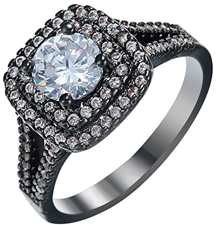 Homxi Ring Schwarz Damen,Quadrat mit 4 Zinken Rund Zirkonia Schwarz Ringe Frauen Kupfer Trauringe für Damen Größe 52 (16.6)