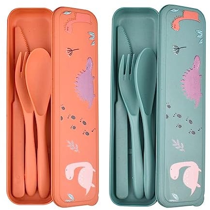 Plastic Cutlery Set, 2Pack Reusable Cutlery Set with Case, Travel Fork Knife Spoon Set, Portable Plastic Cutlery Set for Picnic School Office Lunch or Daily Use (Orange Green)