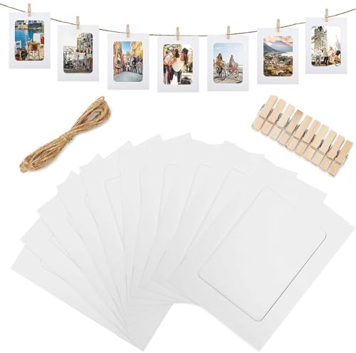 AIBAOBAO 10Pcs White Picture Frames Home Decor, 4x6 Paper Photo Cardboard Frames Flim DIY Wall Picture Hanging Frame Album+Rope+Wooden Clips Set Great for Home School or Party Decor 10x15 cm
