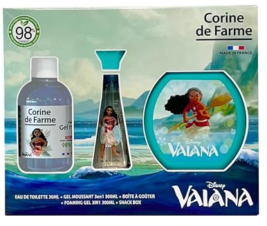 Corine de Farme - Coffret Vaiana avec Eau de Toilette 50ml, Bain Moussant 300ml et Boîte à Goûter - Cadeau pour Fille - Parfum pour Enfant Senteur Vanille - Gel Fruité 3-en-1
