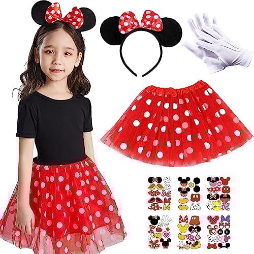 shengo 4Pcs Mouse Costume, Girls Mouse Costume, Mouse Dress Up Outfits with Tutu Skirt, Mouse Ear Headwear, Gloves and Sticker, Halloween Xmas Carnival World Book Day Princess Fancy Dress Up for Kids