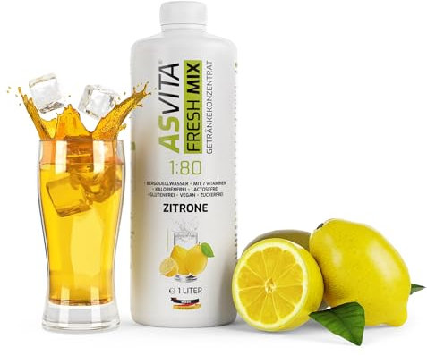 AsVita Getränkekonzentrat Fresh Mix 1:80-1 Liter Flasche - Getränke Sirup zuckerfrei für Wassersprudler - 26 leckere Zero Sirup Geschmacksrichtungen (Zitrone)