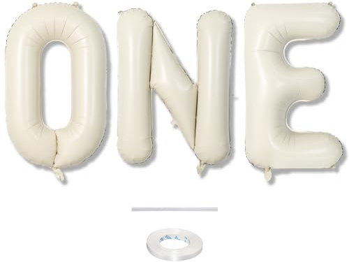 40 Inch Beige One Balloons for 1st Birthday, Cream White Sand One Balloon Letters with Ribbon, Neutral Ivory Alphabet One Balloon for Boys Girls First Birthday 1 Year Old Baby Shower Party Decorations