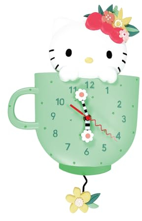 Enesco Allen Designs Hello Kitty in Tea Cup Wall Clock, Battery Operated Pendulum Analog Clock, Stone Resin Decorative Clocks for Walls Home Decor Kitchen Clocks, 11.73 Inch