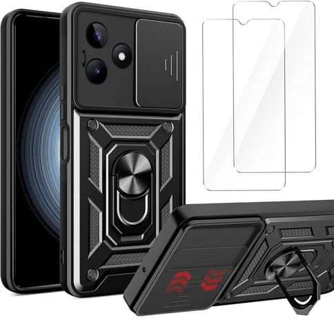 LYZXMY Funda para Realme Note 50 (6.74) + 2 x Protector de Pantalla Vidrio Templado - Carcasa con Soporte rotativo de 360 °[ Doble Capa PC + TPU ] Caso Case Negro