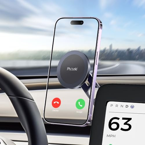 Phmnkl Phone Mount for Tesla MagSafe-Compatible Car Strong Magnetic Foldable Holder for iPhone 12-15, Designed for Model 3/Y - Premium Dashboard Stand