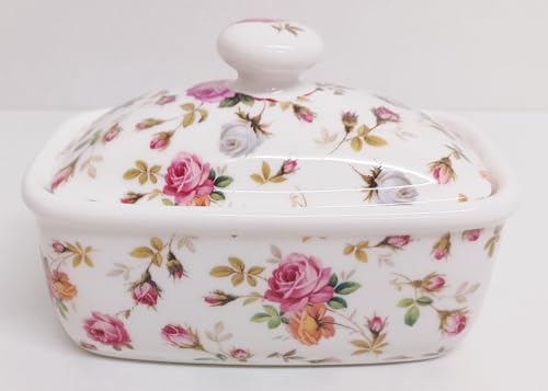 Garden Roses Beurrier en porcelaine fine Motif floral décoré à la main au Royaume-Uni