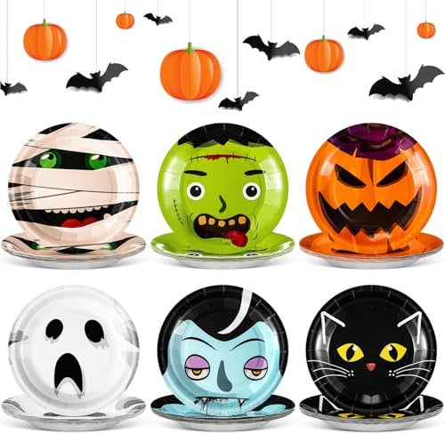 Jingmore 60 Pcs 7 Inch Halloween Paper Plates Disposable Round Dessert Plates Halloween Decorative Plates for Birthday Halloween Trick or Treat Party Decoration Supplies, 6 Designs