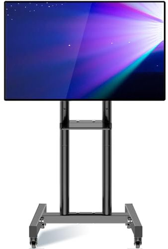WNJQBY Mobile TV Stand with Wheels for 26-55 Inch Flat TVs & Monitors, TV Cart Max VESA 400x400mm up to 90 lbs, Height Adjustable Rolling TV Stand with Media Shelf, Double Column Rolling TV Stand