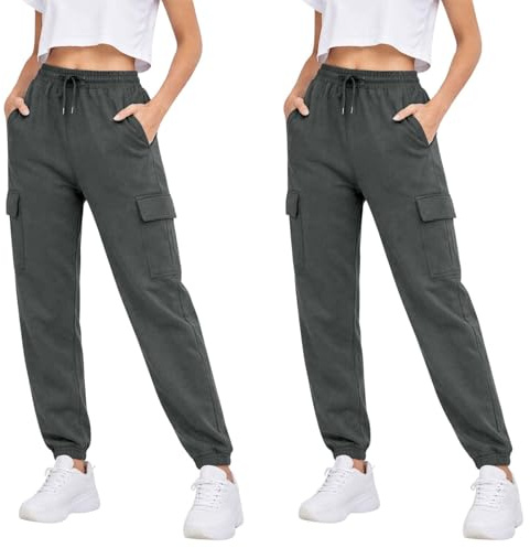 True Face Ladies Trousers Fleece Womens Joggers Cargo Combat Jogging Bottoms Casual Elasticated Women Sweatpants with Pockets Tracksuit Pants 2 Pack Charcoal 2XL