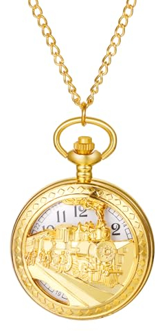 Avaner Taschenuhr mit Kette Zug Gold: Taschenuhr mit Arabischen Ziffern Halskette Pullover Kette Analoge Quarz Uhr Zuhause Freizeit für Männer Frauen