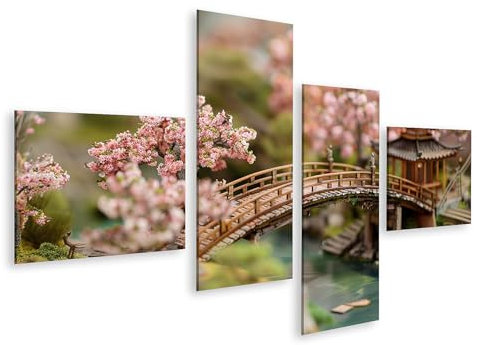 islandburner Prime Quadro su tela in miniatura giardino giapponese con ponte in legno, pagoda e fiori di ciliegio