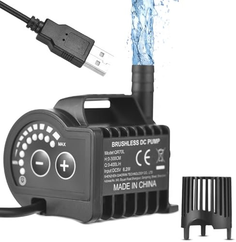 Buachois Pompa Acqua Elettrica,Mini Pompa Sommergibile Portatile da 5V, Regolazione della velocità a 8 Livelli Pompa per Fontana Piccola Portata Massima 600 L/H con Cavo USB da 2 m e (QR70L)