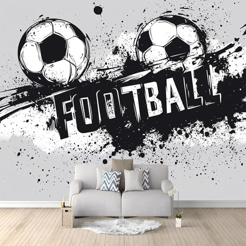 Papier Peint Intissé Football Noir Et Blanc Gris Graffiti 350x256 cm Papier Peint Panoramique Moderne, Tableaux Muraux Tapisserie Photo, Papier Peint Mural pour Salon, Chambre, Fond Décor TV