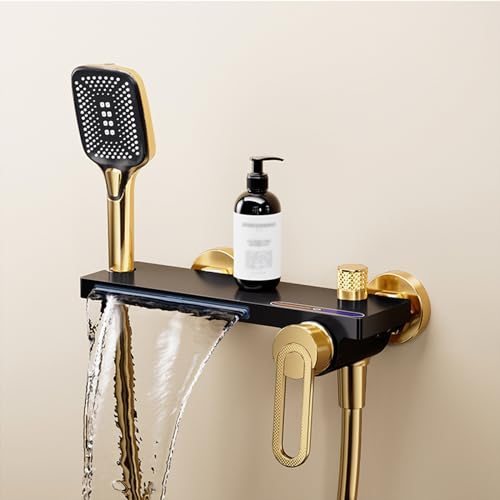 Generisch Badewanne Armatur Badewannenarmatur Wasserfall Badarmatur Badewannen Mischbatterie Wandmontage Badewannenarmatur mit 3 Modi Handbrause Gold + Schwarz