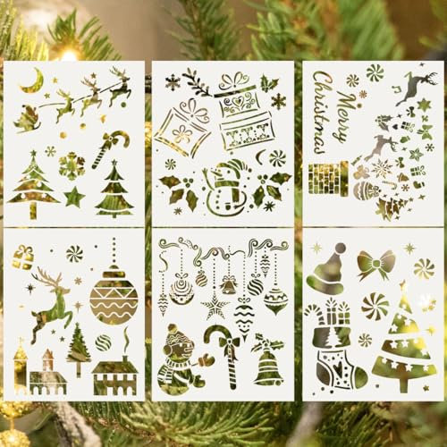 KARLOR 6 Blatt Weihnachten Schablonen Vorlage Wiederverwendbar Malschablonen Kunststoff Handwerk Weihnachtsbaum Elch Schneemann Geschenk für Zeichnen Sprühen Tagebuch Vorlage Weihnachtskarte (21x18cm)