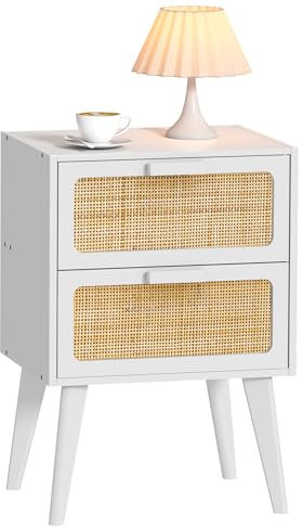 YAUKOMEL Mesita de Noche de ratán, Mesa Auxiliar de Madera con 2 cajones Hechos a Mano de ratán, mesita de Noche Bohemia, Mesa Auxiliar con Almacenamiento, para salón, Dormitorio, Blanco, DECTG59W