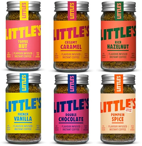 Little's Flavoured Instant Coffee Dragons Den Bundle, 6 Pack (50g x 6) - Flavours: Vanilla, Caramel, Rich Hazelnut, Toffee Nut, Double Chocolate, Pumpkin Spice - Vegan Friendly, Low Calories