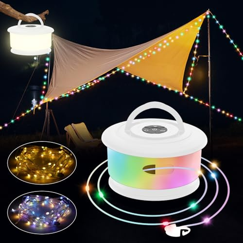 10 m Camping Lichterkette Aufrollbar, Musik Sync Farbwechsel RGB Outdoor Campinglampe with 19 Beleuchtungsmodi, USB Aufladung, 2-in-1 Tragbare LED Camping Licht für Camping, Hof und Wohnmobil Deko