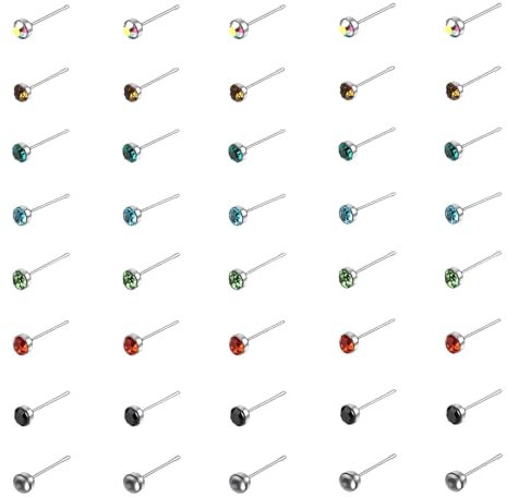 Telooco 80 Stück Edelstahl Nasenstecker Helix Stud Piercing Damen Zirkonia Lippenpiercing 22G Stäbe Stecker Piercingschmuck Hypoallergen Zirkonia Lippen Nasenpiercing Spiralohrringe