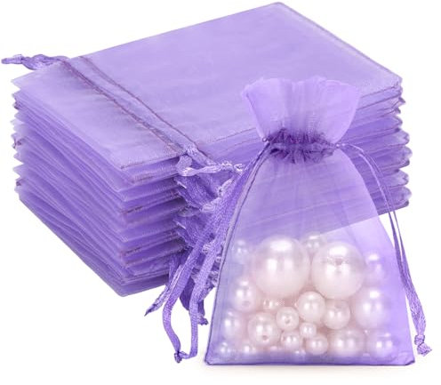 G2PLUS Flieder Organzasäckchen Klein, 7x9cm Geschenk Organzabeutel, Organza Säckchen, 50 Stück Organza-Beutelchen mit Kordelzug Sie als Hochzeit Bonbonsbeutel,Schmuckbeutel