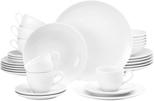Seltmann Weiden Amina Weiß Kombiservice 30-teilig, Komplettes Geschirr-Set für 6 Personen, Tafel- und Kaffee-Geschirr mit dezentem Relief-Muster, Porzellan, Weiß